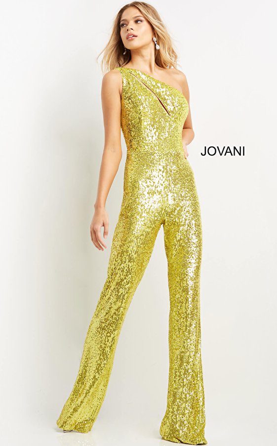 Jovani 09017 Yellow One Shoulder Sequin Jumpsuit